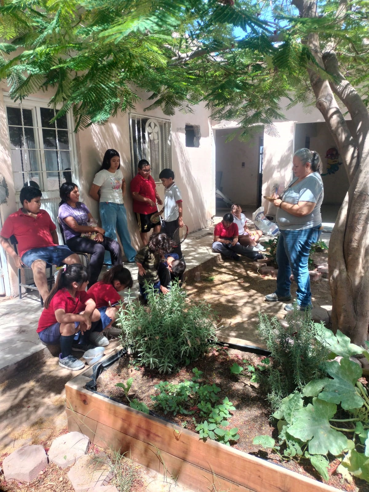 Grupo de niños sentados aprendiendo sobre semillas en el patio
