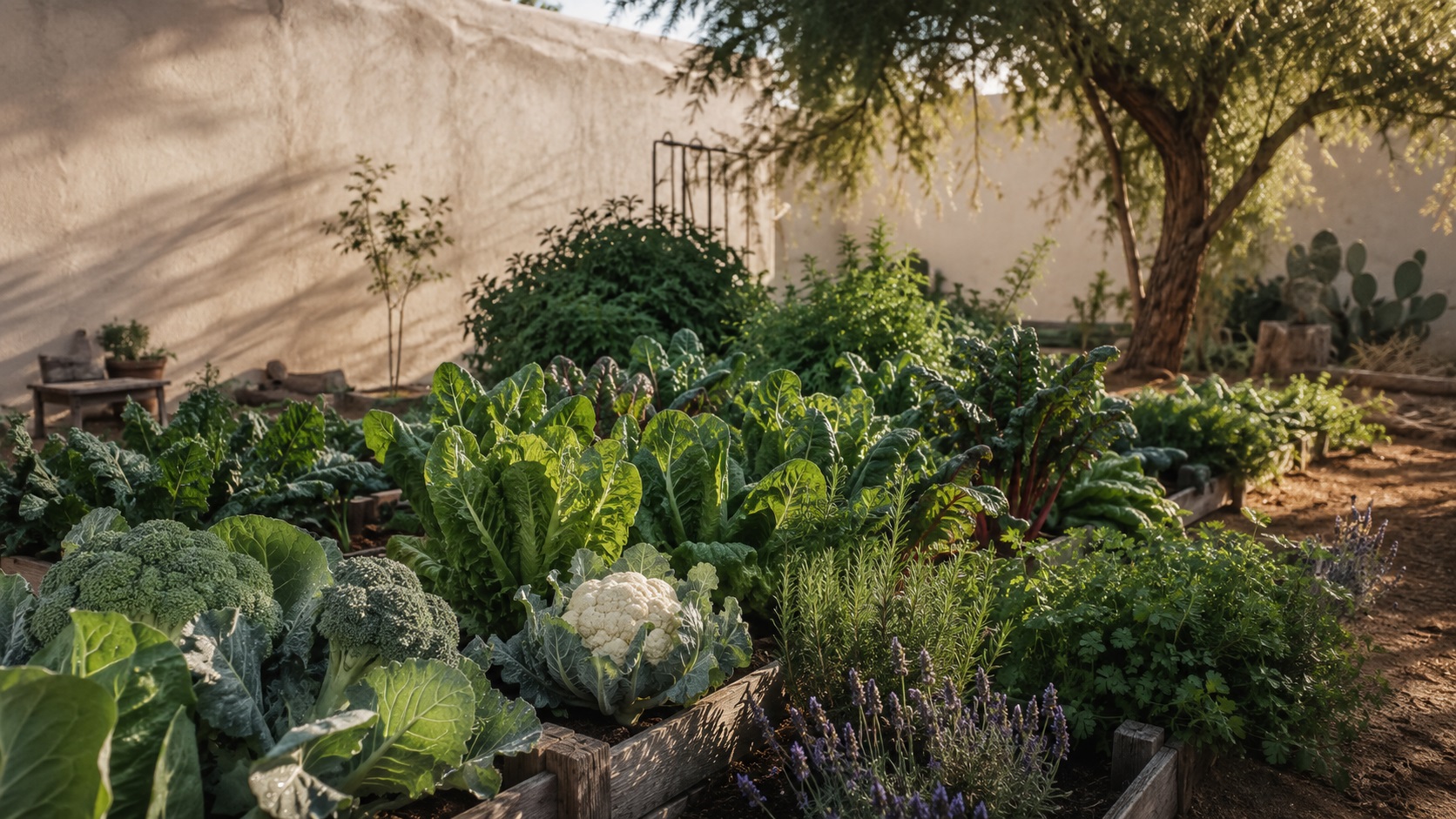Huerto orgánico en camas elevadas, lleno de hortalizas y hierbas, cultivado en un patio de la Comarca Lagunera